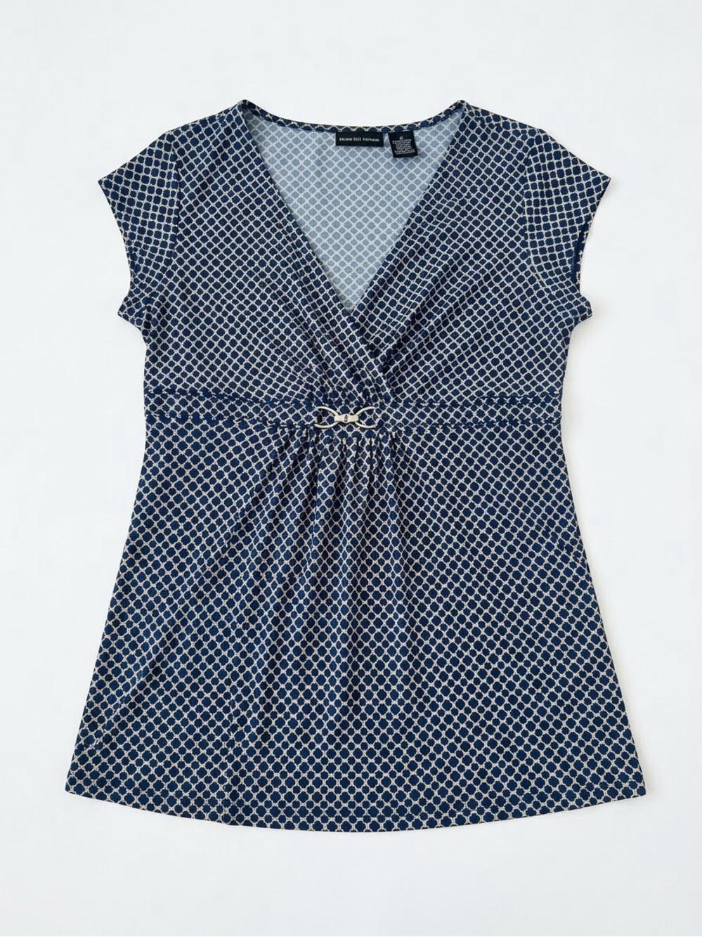 New York & Company Navy and White Geometric V-Neck Tunic